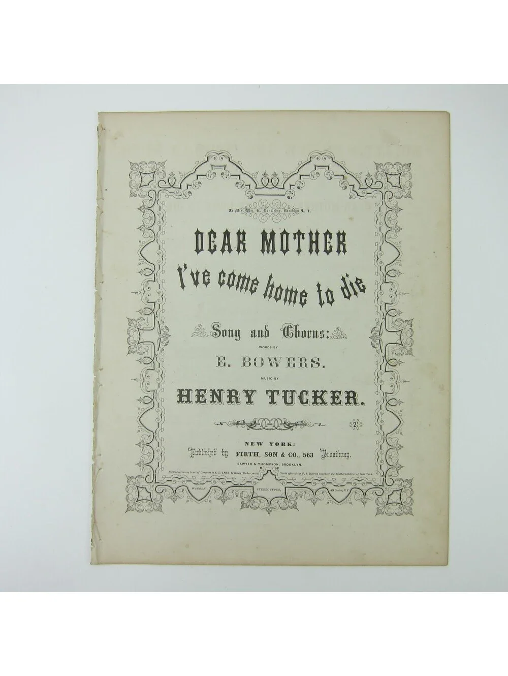 Sheet Music Civil War Dear Mother I've Come Home To Die Tucker Antique 1863